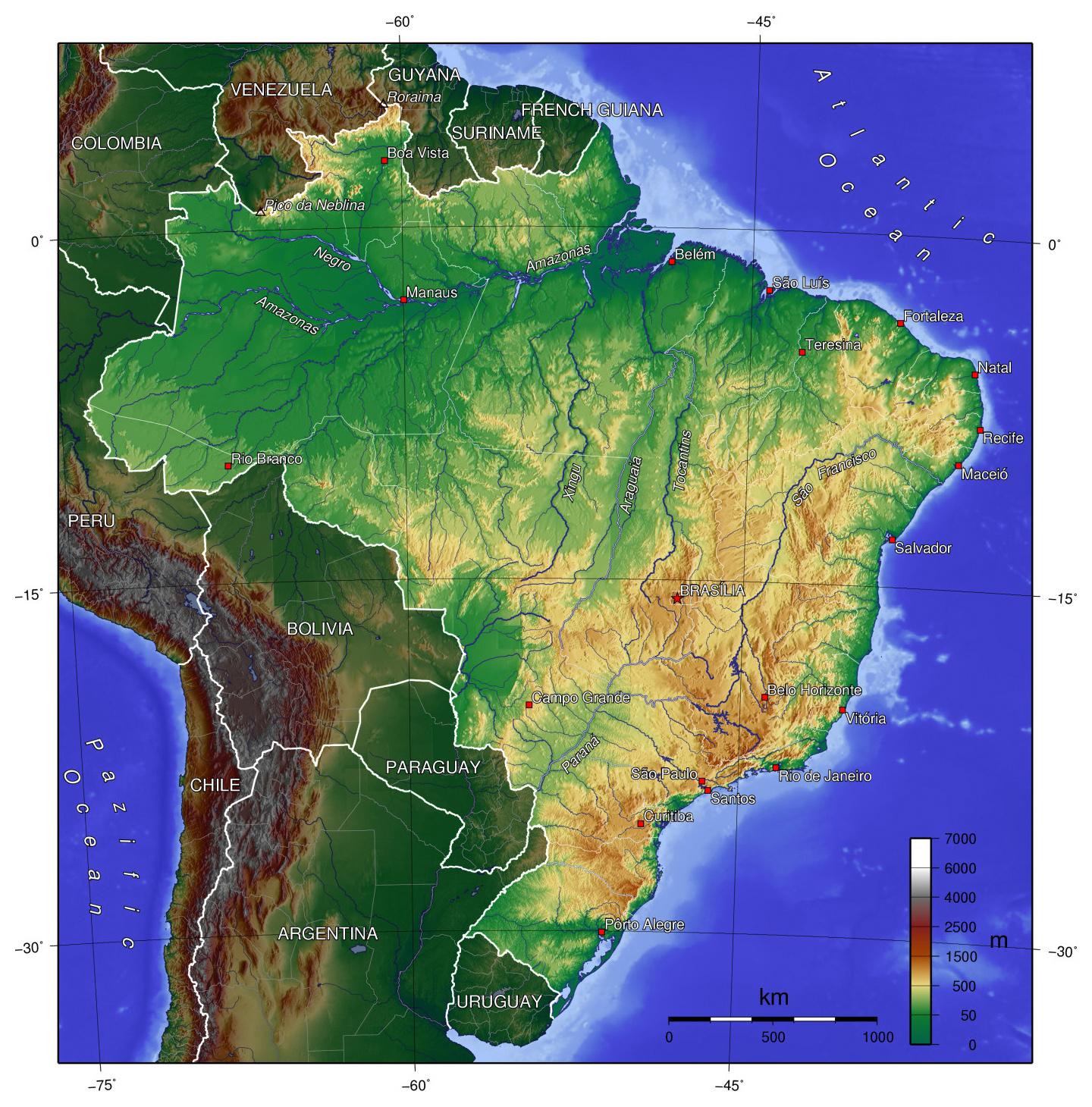Mappa Fisica Del Brasile Brasile Mappa Fisica America Del Sud America